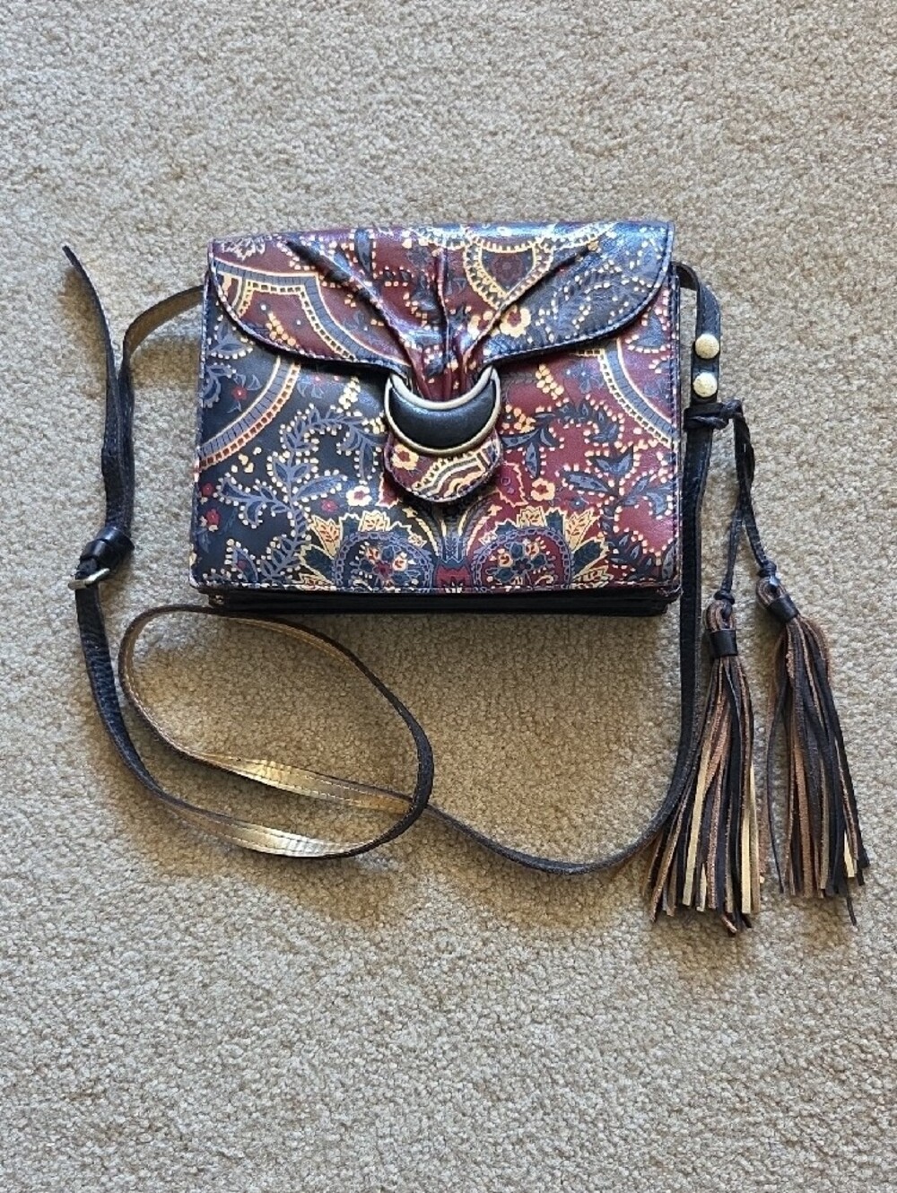Patricia Nash Van Sannio Paisley Leather Accordion Crossbody Bag Tassel Red Gold